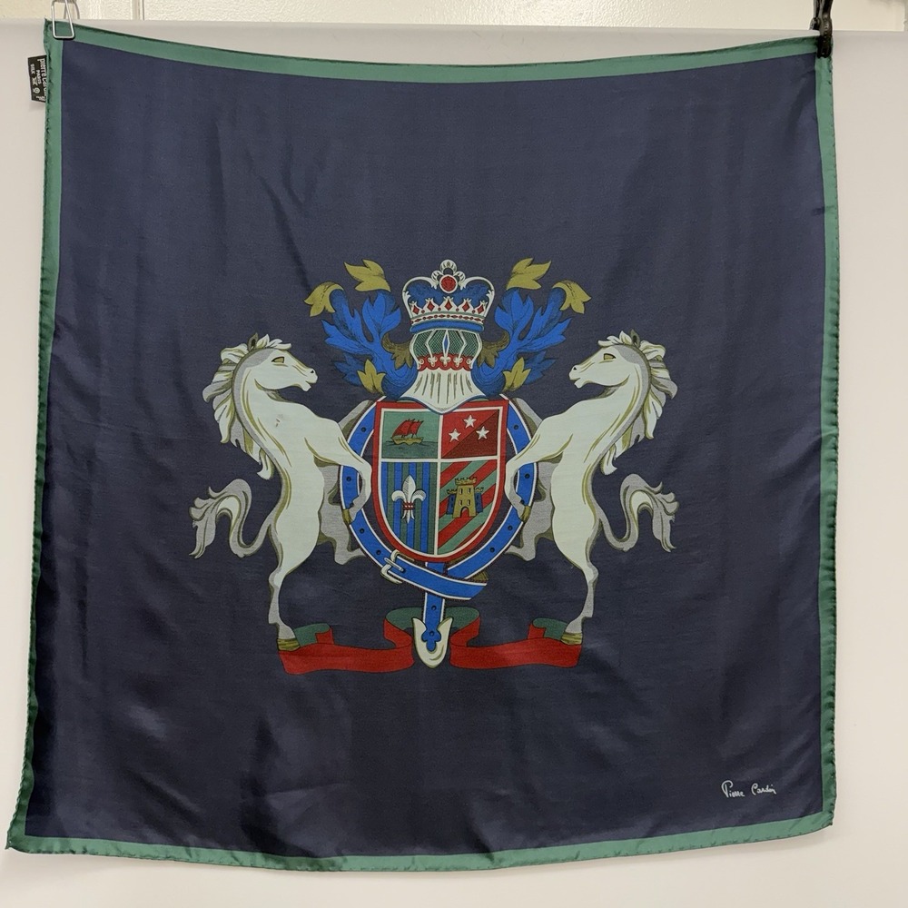 Vintage Pierre Cardin 100% Silk Scarf 2 Horses Crown and Crest Green Navy Wine